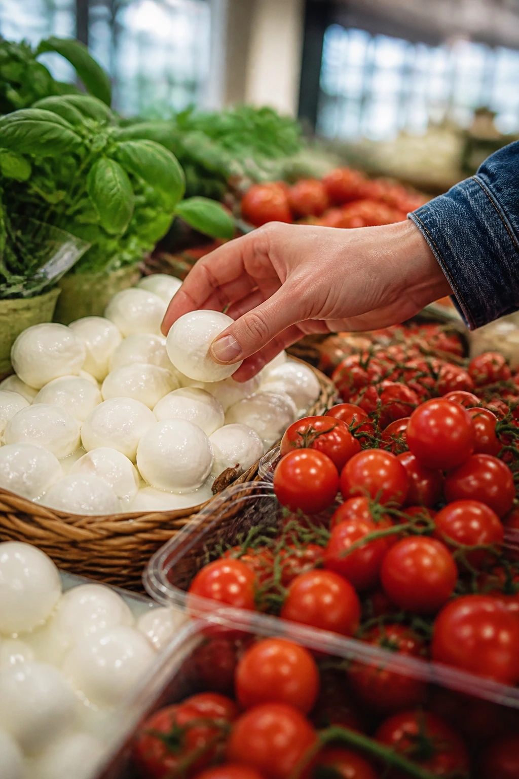 Close-up of mozzarella pearls and cherry tomatoes in a grocery store produce section
