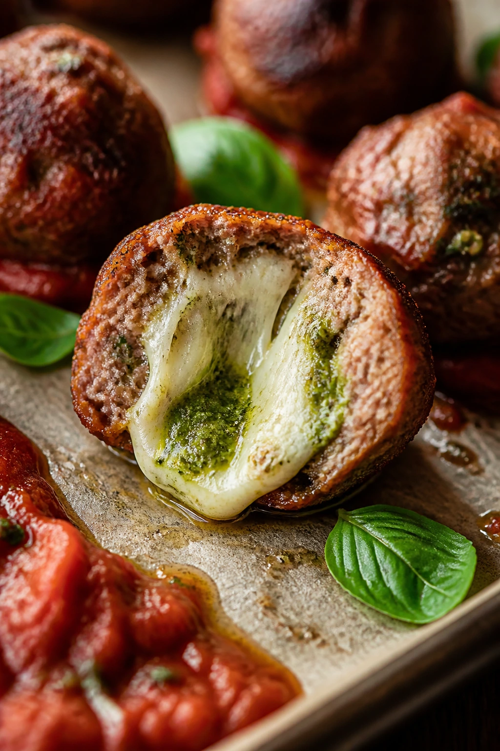 Cross-section of pesto-mozzarella stuffed meatball