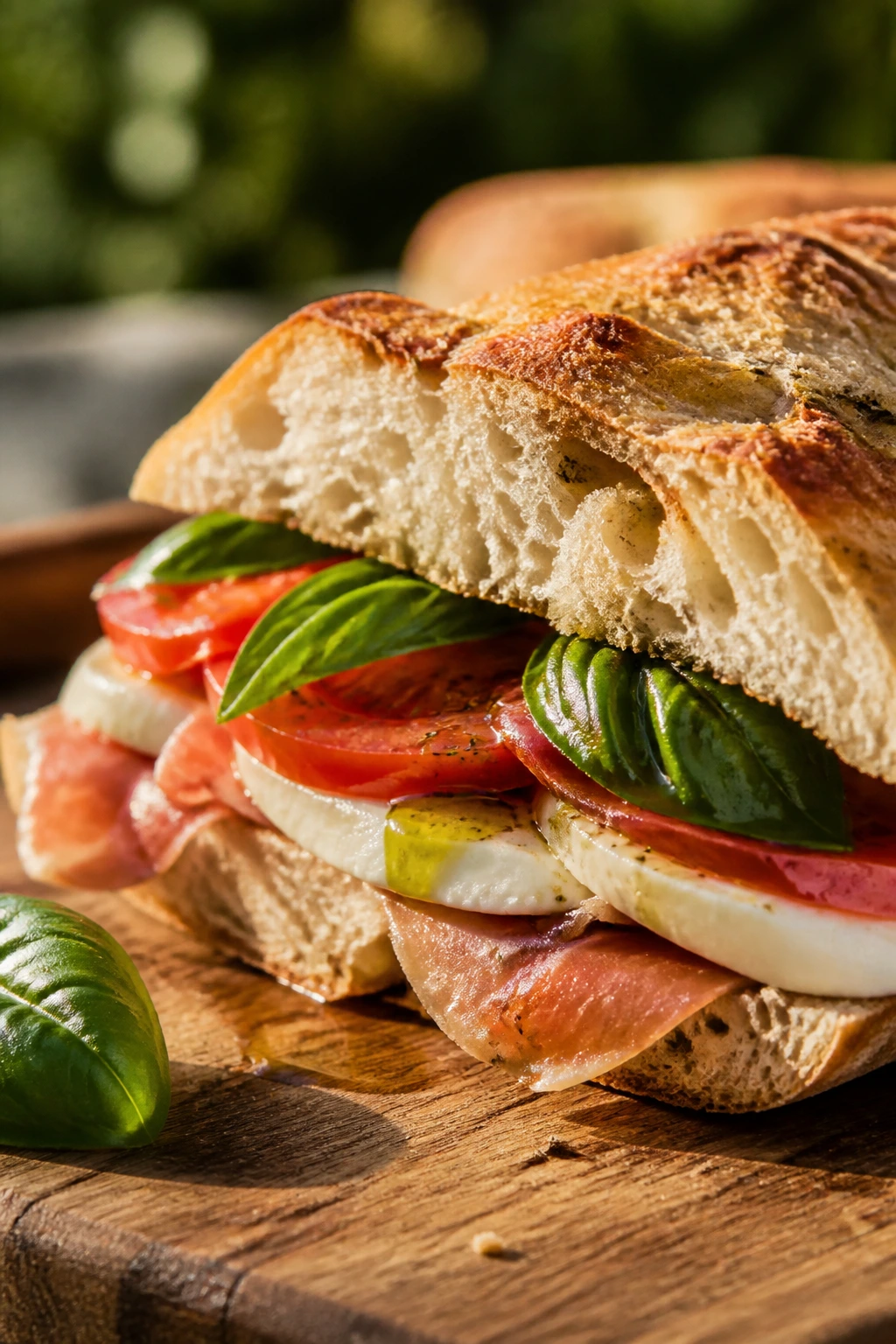 Close-up of mozzarella prosciutto basil sandwich on bread with tomato and basil