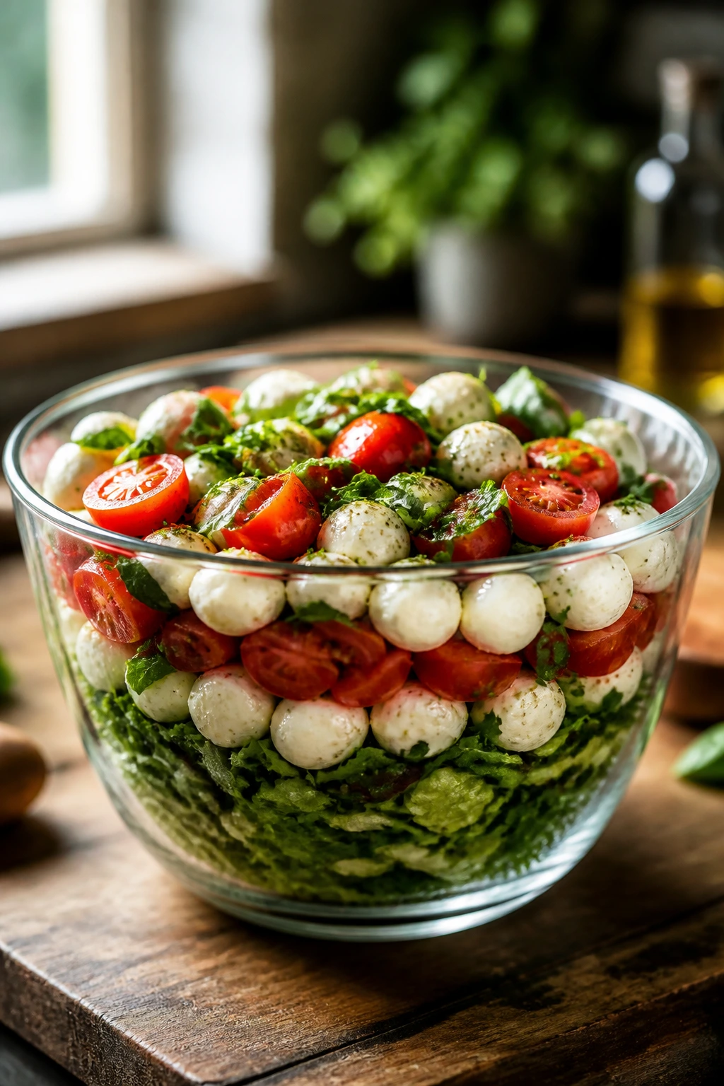 Layered mozzarella salad served in a glass bowl on a kitchen counter