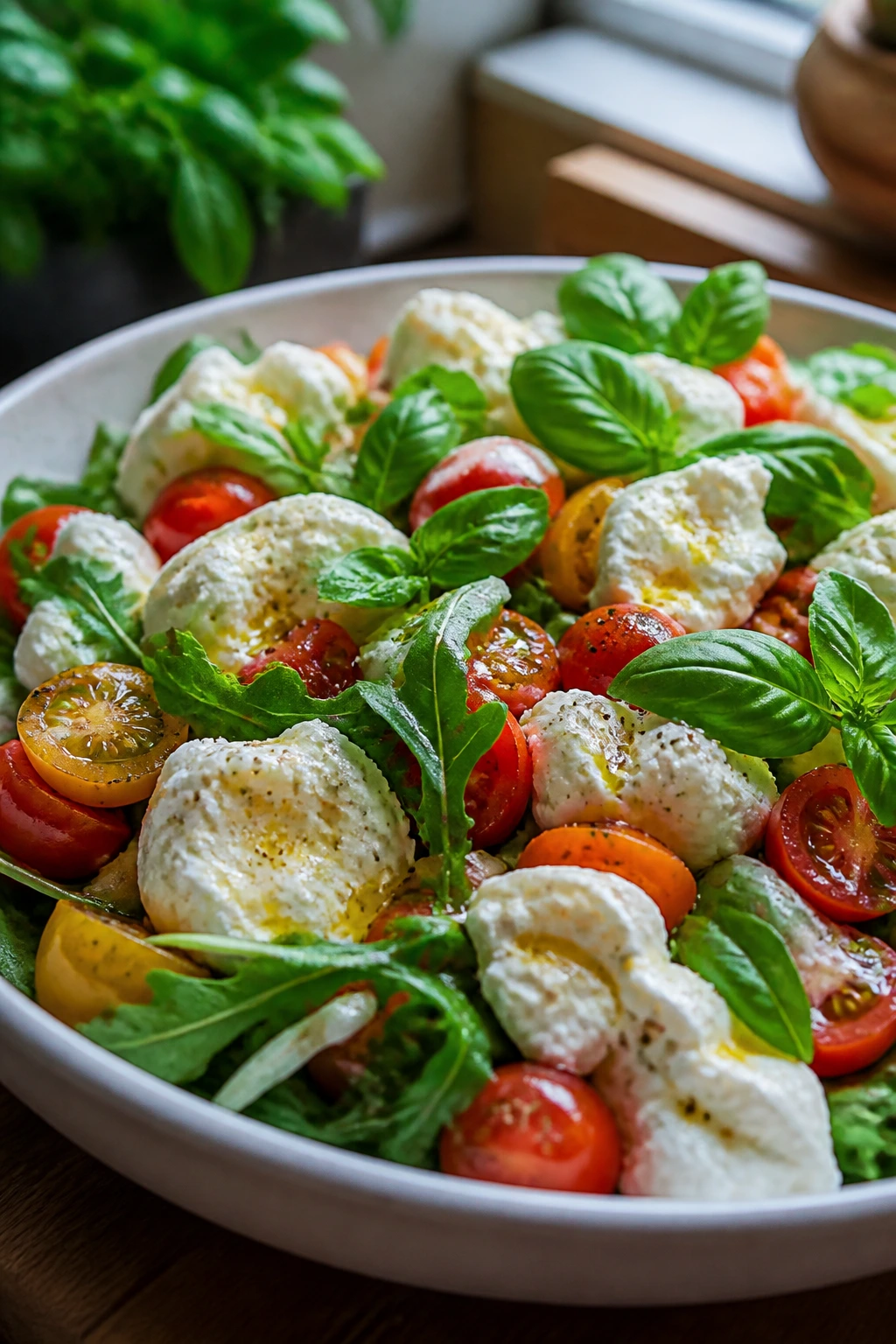 Close-up of mozzarella salad with tomatoes and greens in a bright kitchen