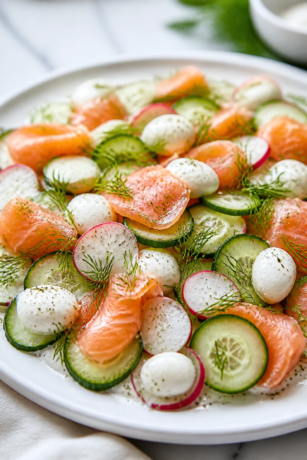 Cucumber and radish mozzarella salad with smoked salmon close-up