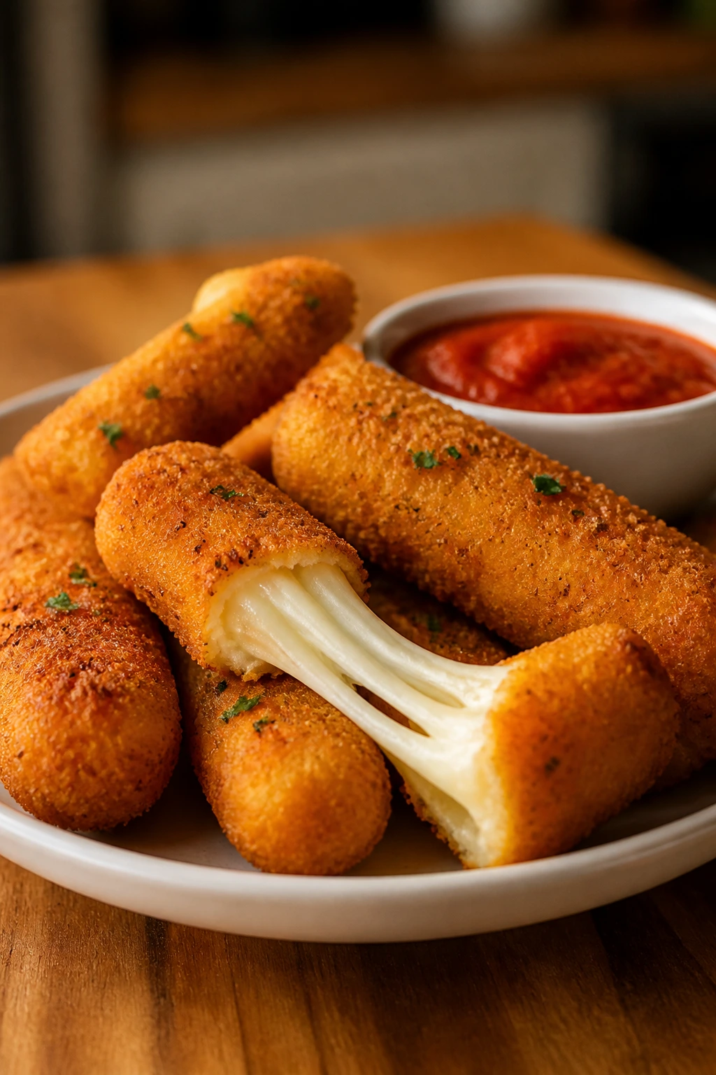 Close-up of mozzarella sticks with marinara