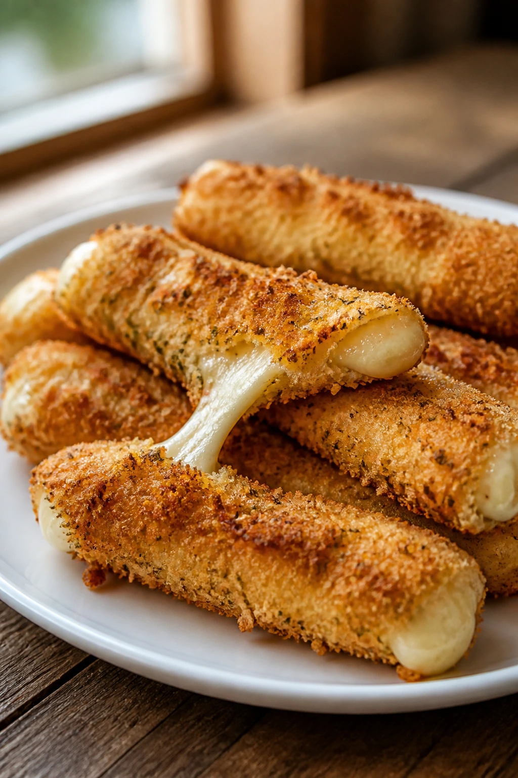 Close-up of baked mozzarella sticks with melted cheese on a plate
