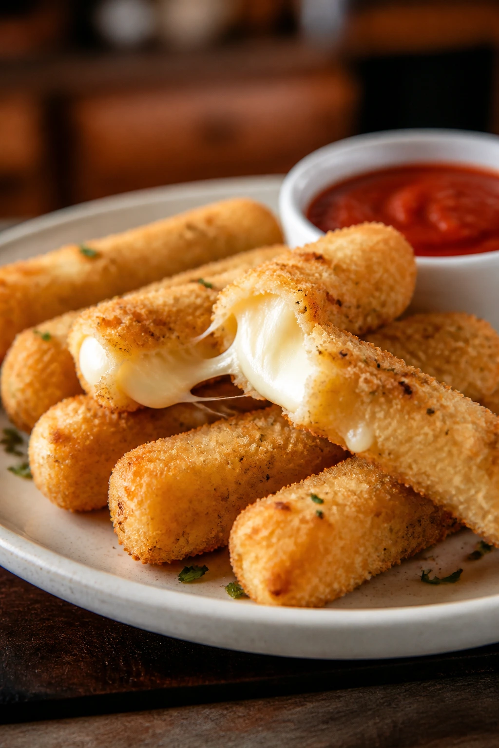 Close up of baked mozzarella sticks with melted cheese