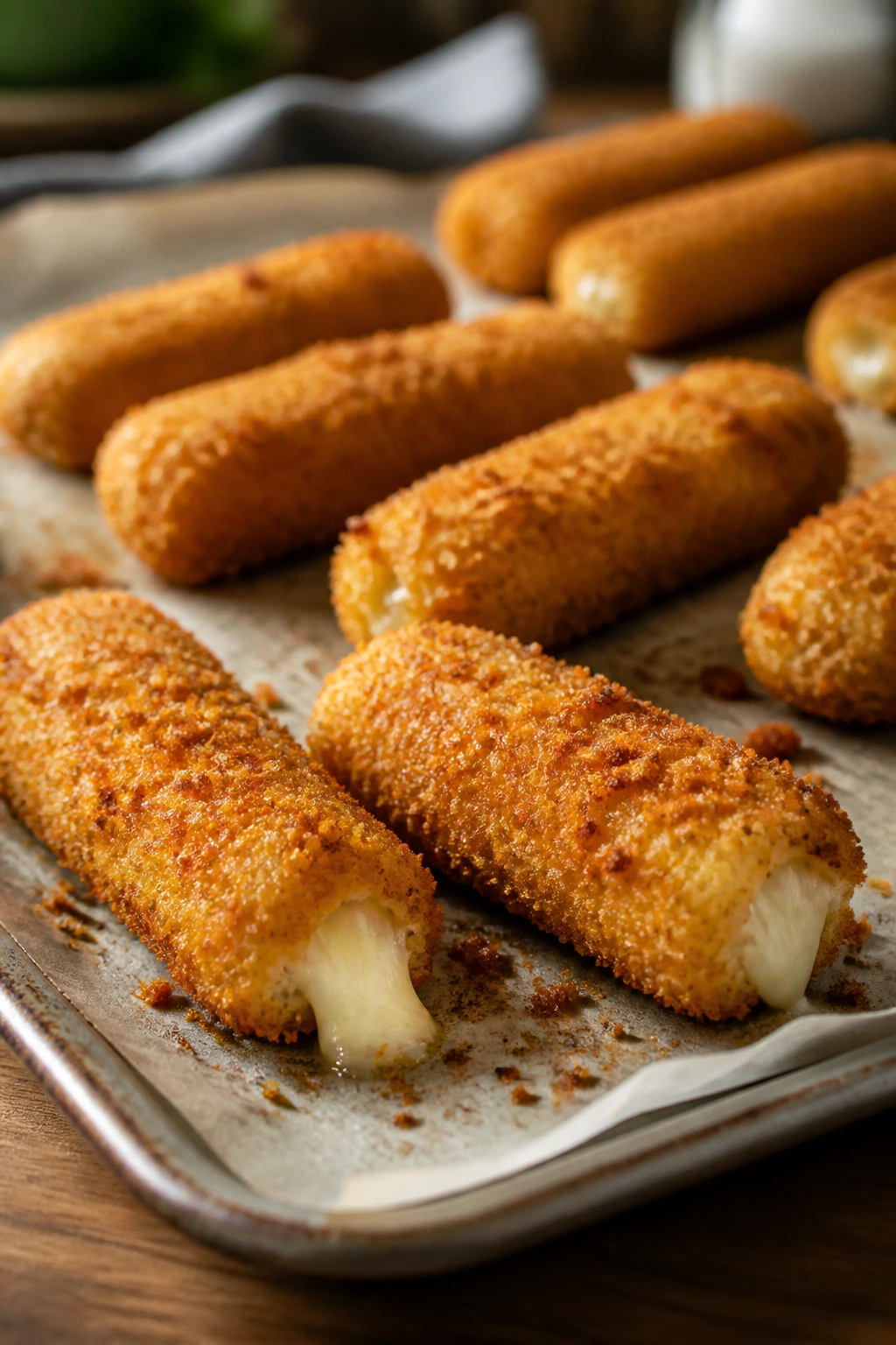 Close-up of crispy oven-baked mozzarella sticks on parchment with melted cheese