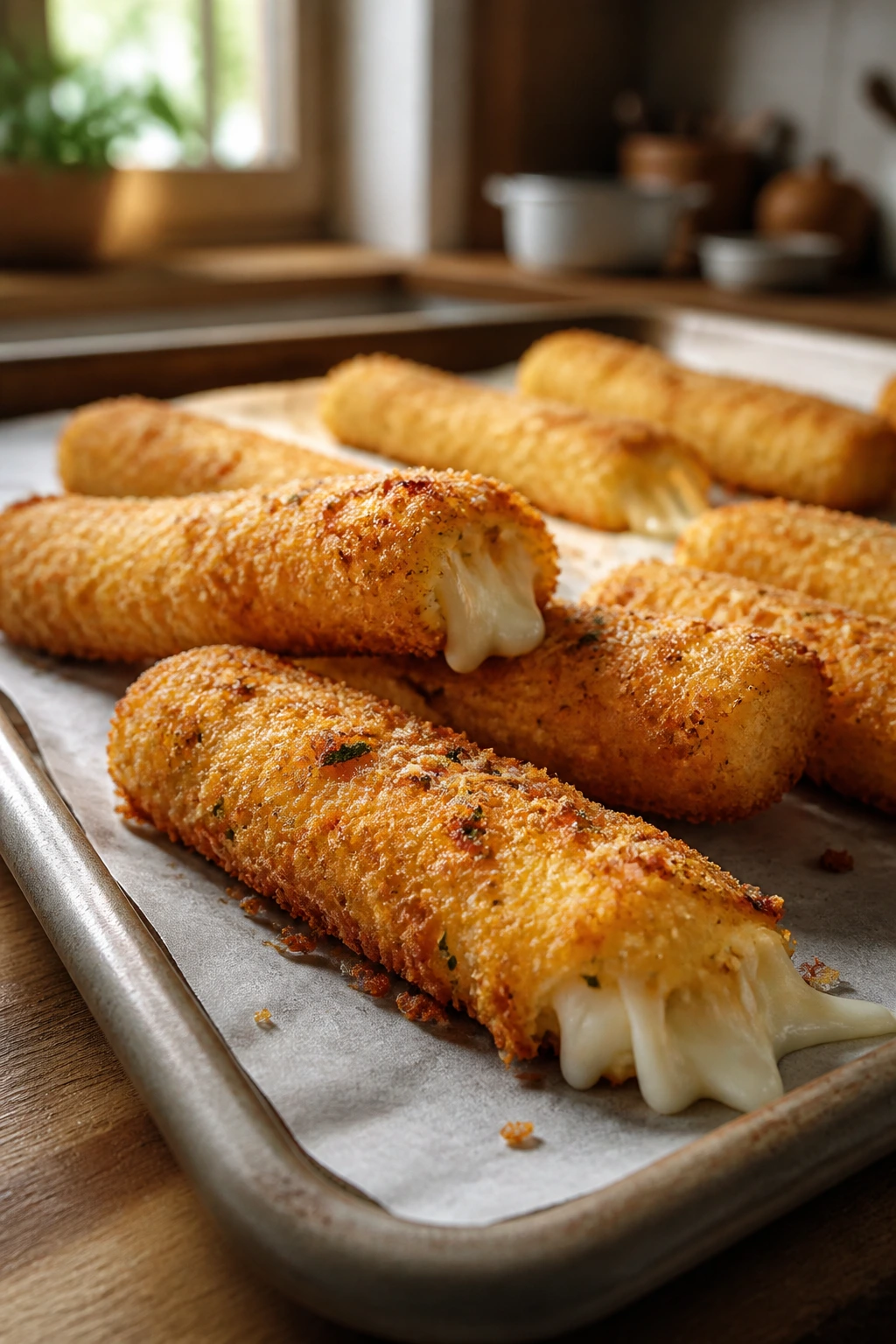 Close-up of golden mozzarella sticks on parchment, melted centers visible, ready for dipping