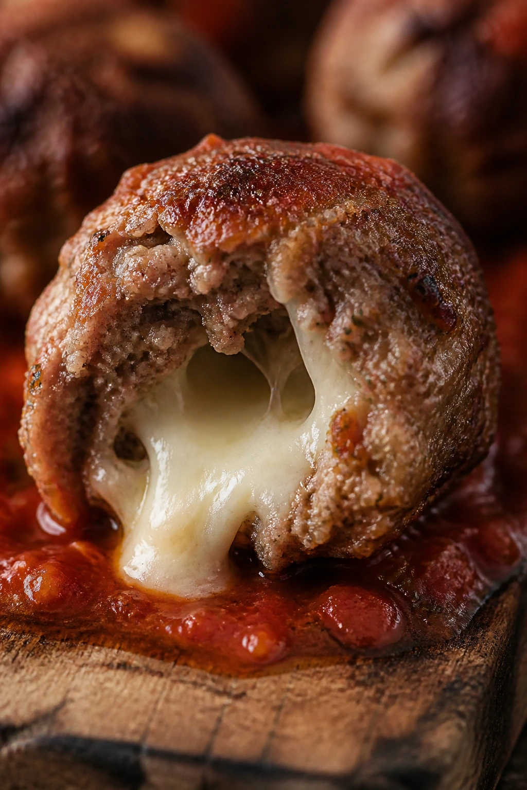 Cross-section mozzarella-stuffed meatball with cheese center