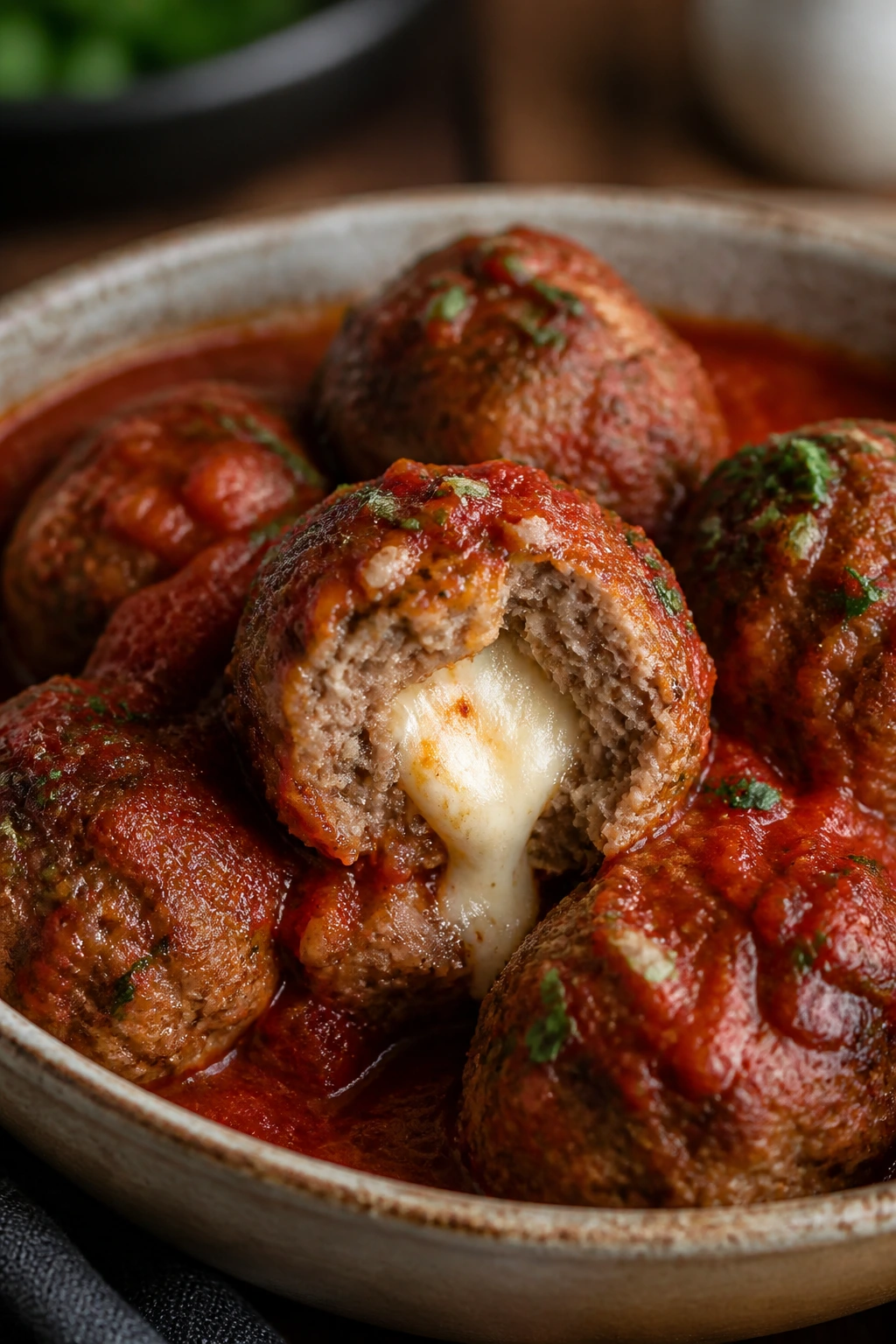 Cross-section of a mozzarella-stuffed meatball in marinara sauce showing gooey cheese