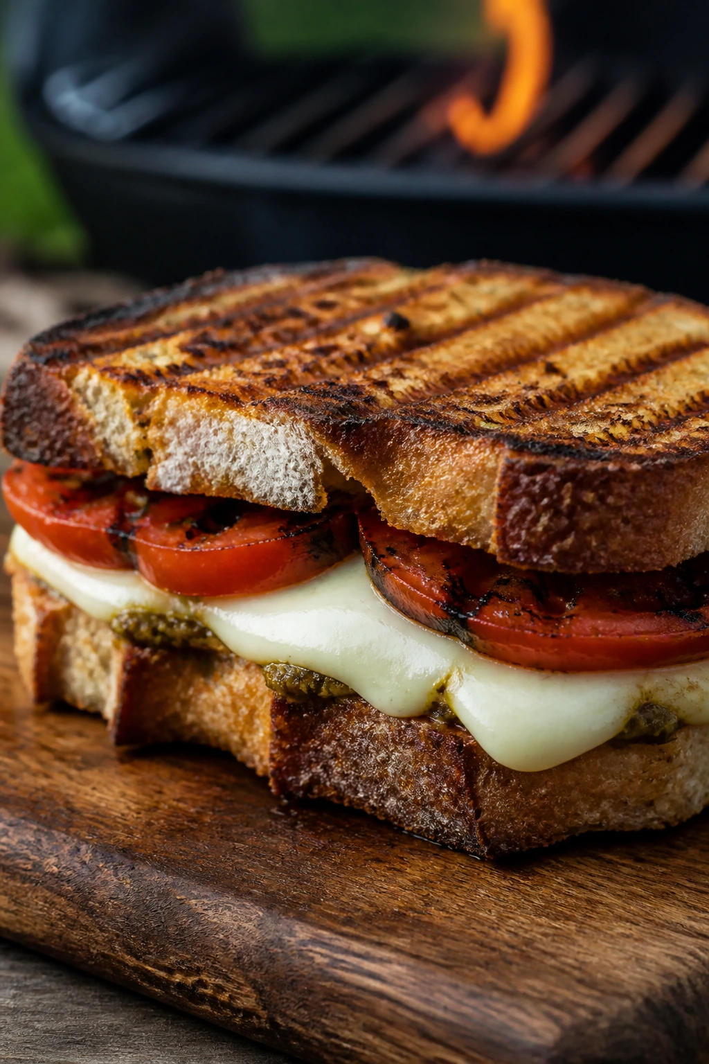 Pressed sourdough sandwich with tomato and mozzarella on wooden board