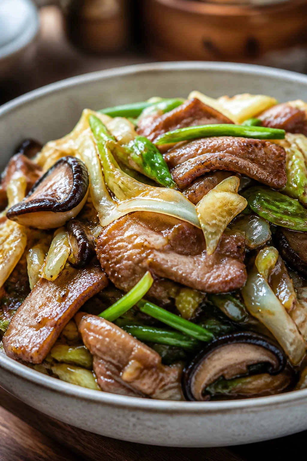 Close-up of Mu Shu Pork Bowls with pork and cabbage
