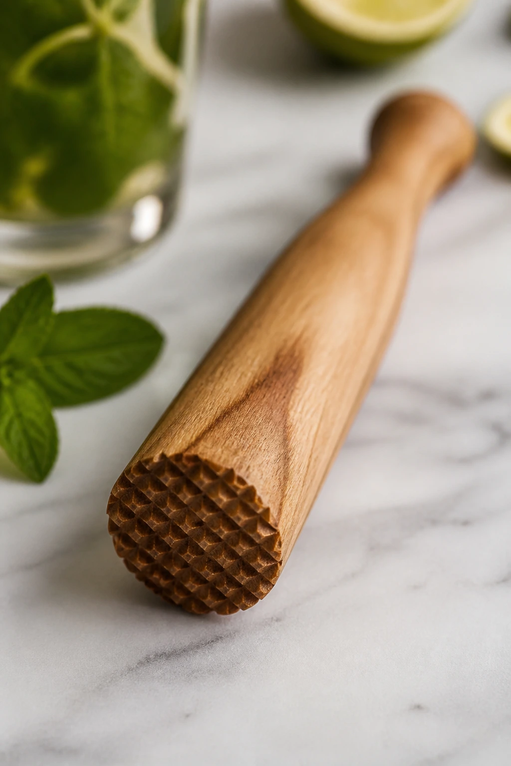 Wooden muddler on a clean surface for muddling herbs