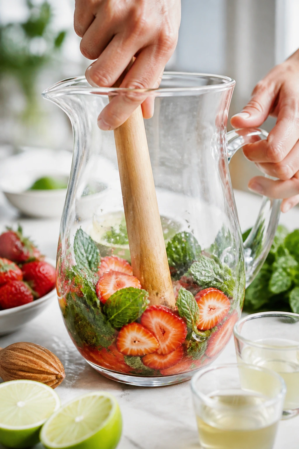 Hands muddling fruit and mint in a pitcher for mojito