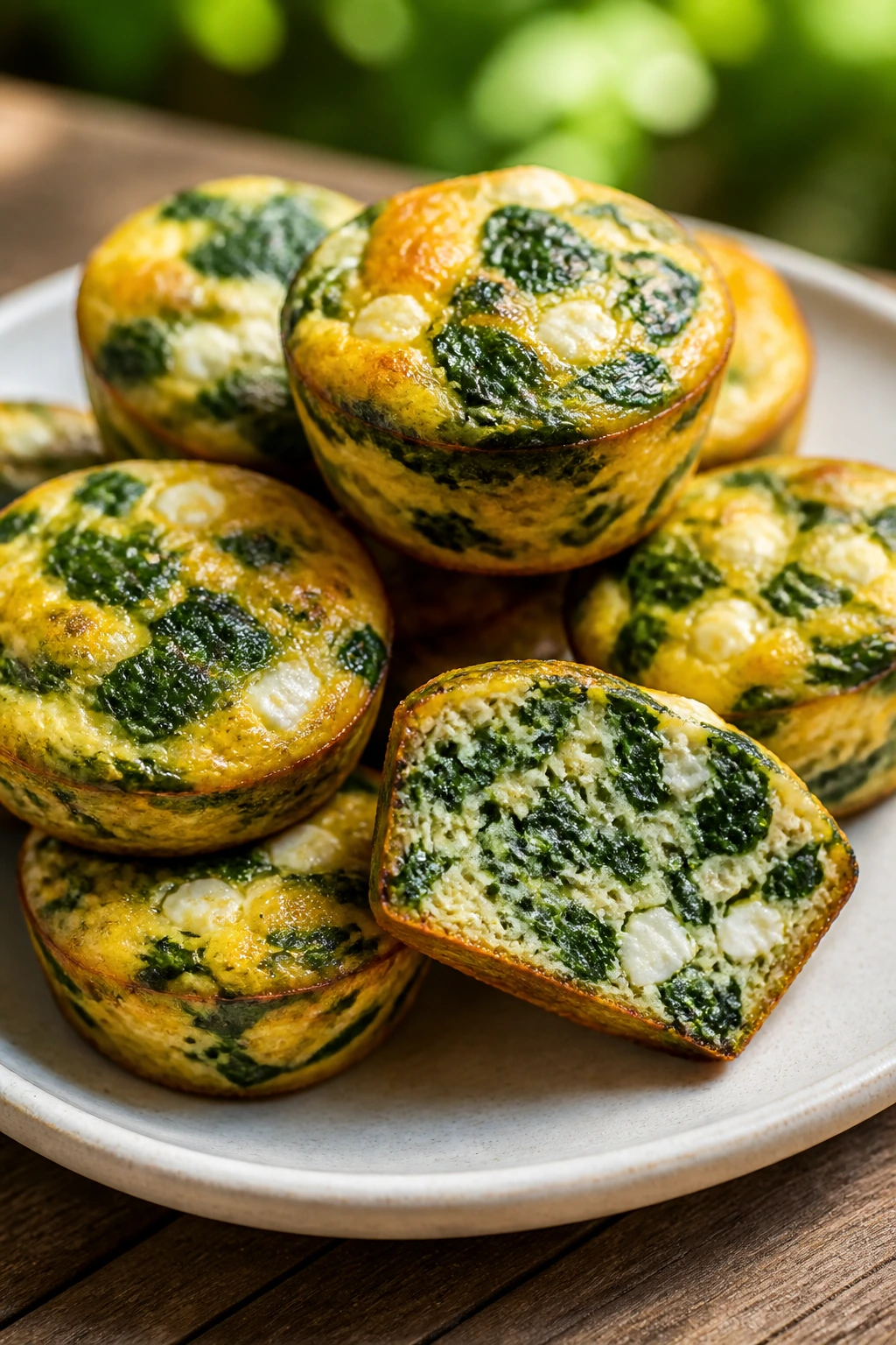 Close-up of spinach feta frittata muffins on a plate
