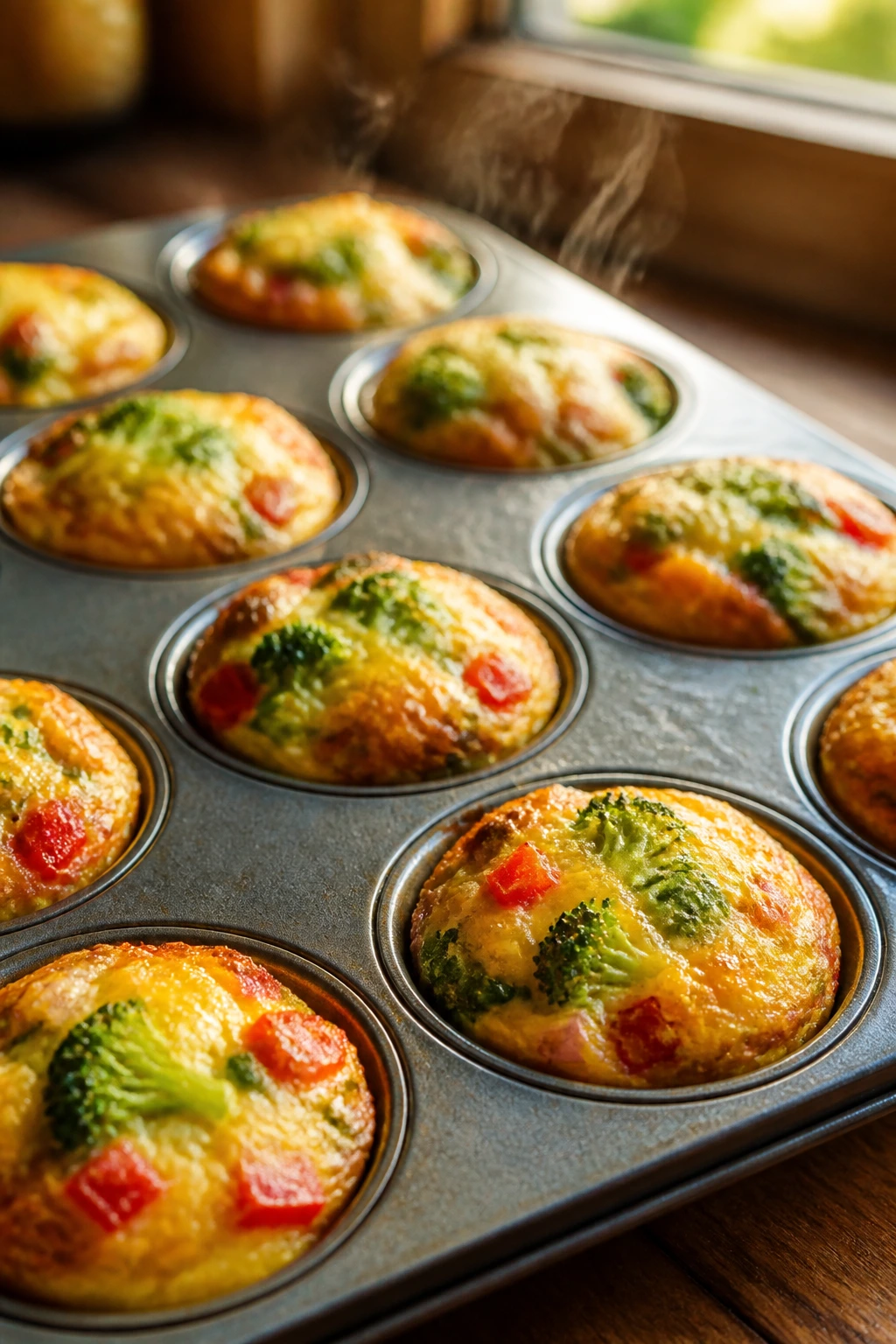 Close-up of veggie muffin frittatas in muffin tin on wooden counter