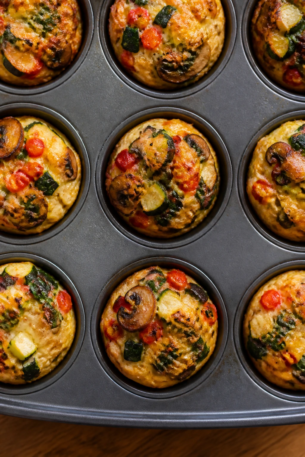 Muffin tin with veggie cups filling frame in a sunny kitchen