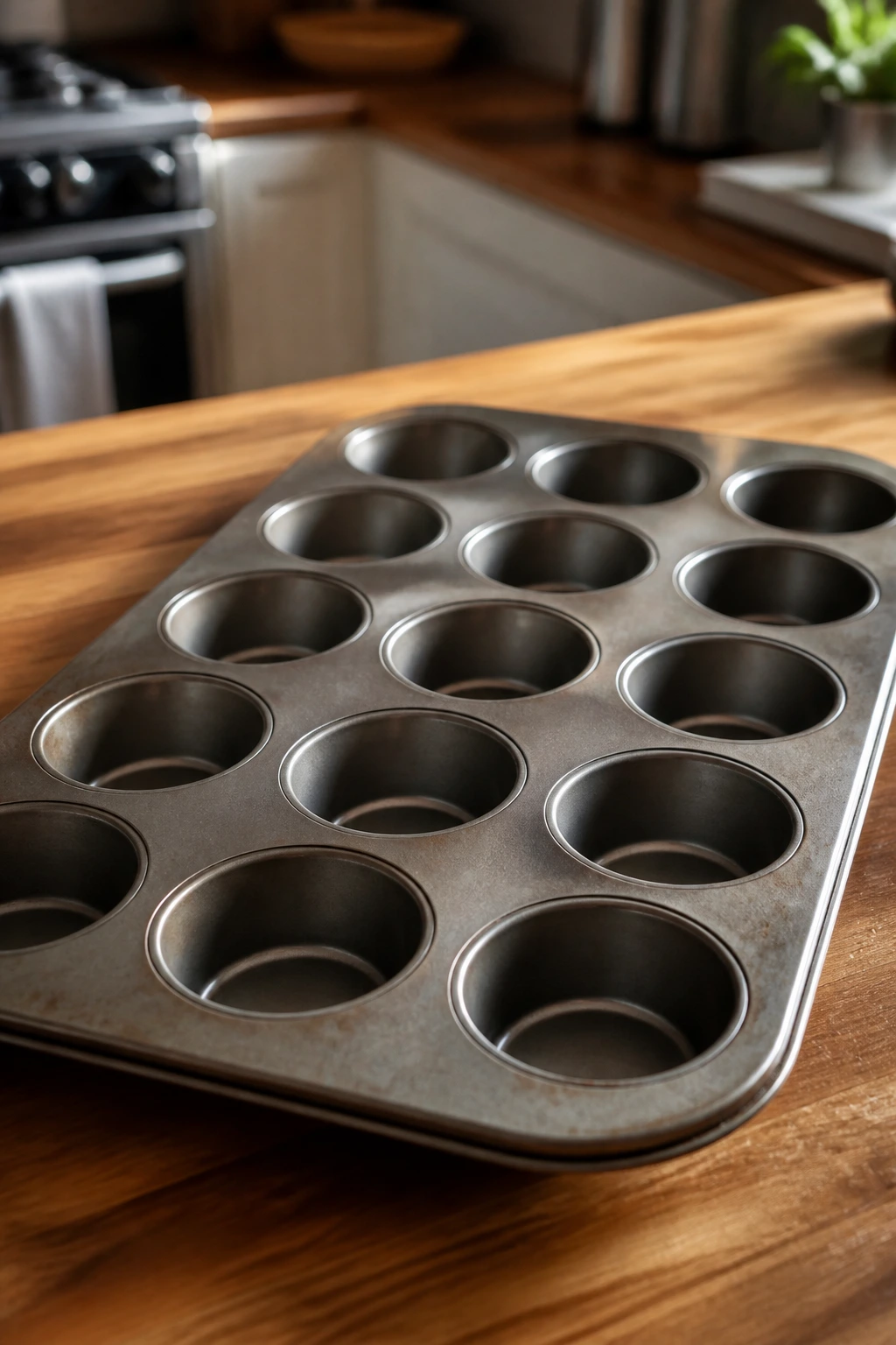 12-cup metal muffin tin on wooden counter