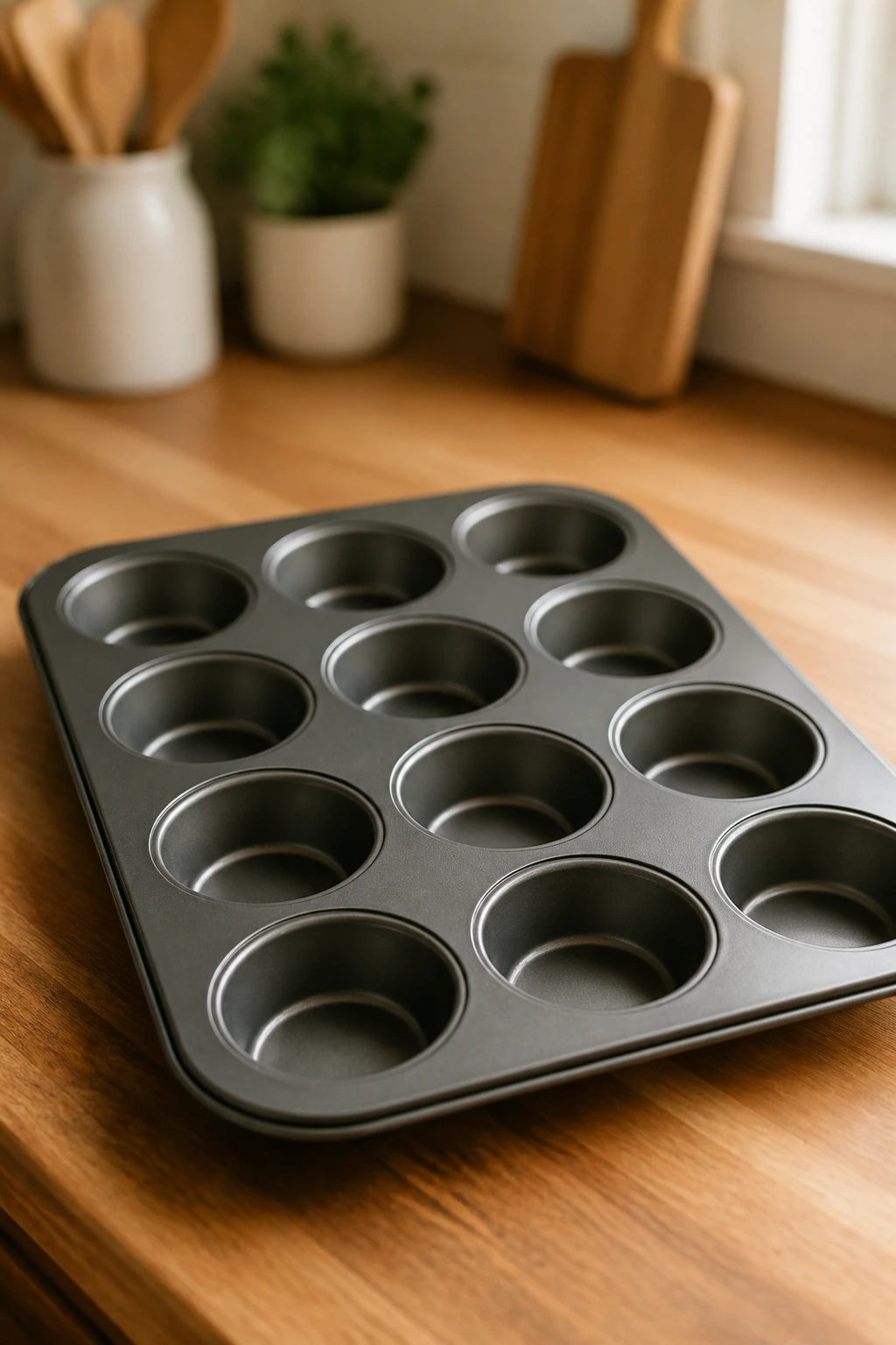 Close-up of a 12-cup muffin tin on a wooden counter, illustrating essential kitchen equipment for quick breakfasts