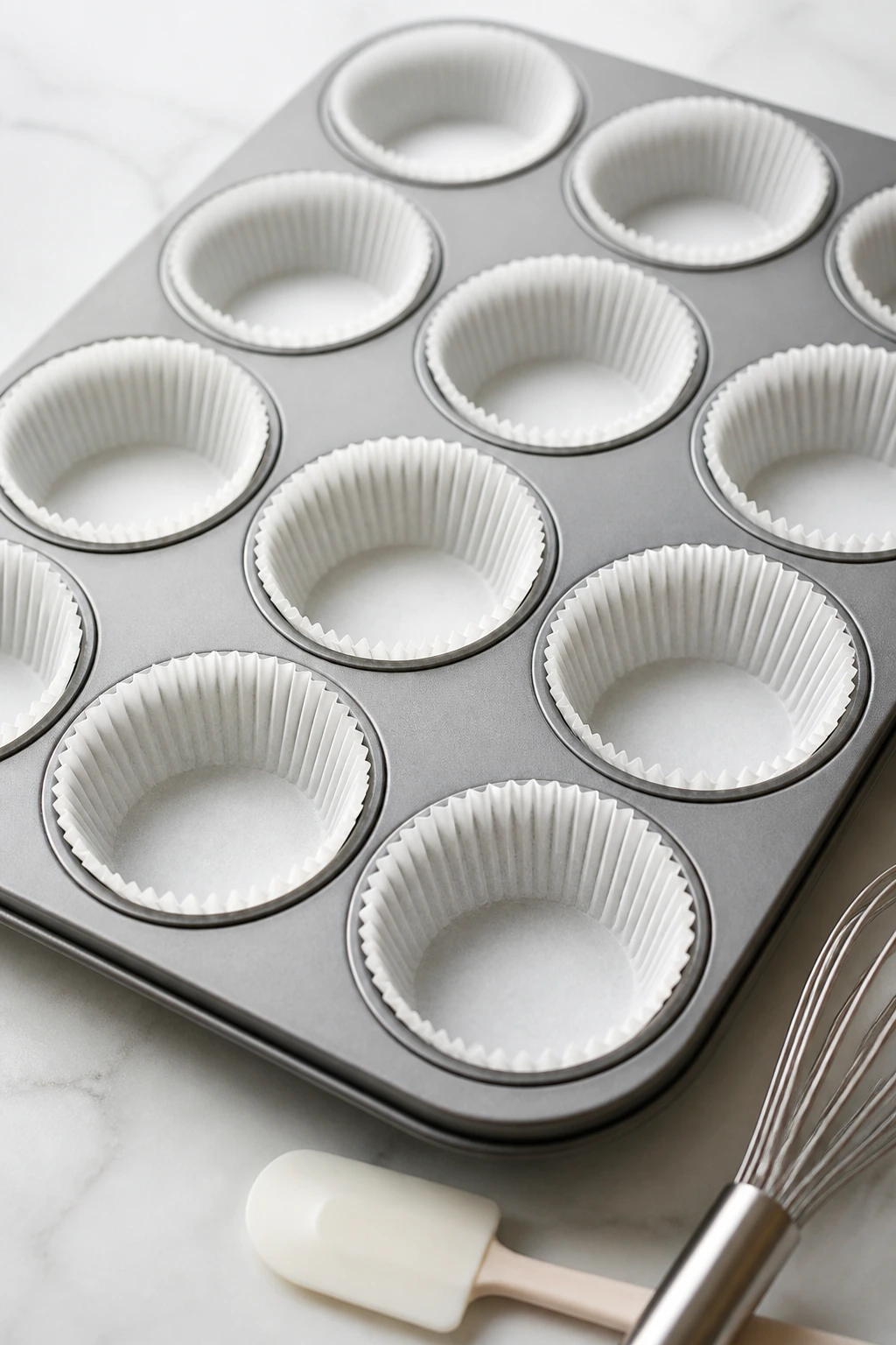 Muffin tin with liners and a whisk on a bright kitchen counter
