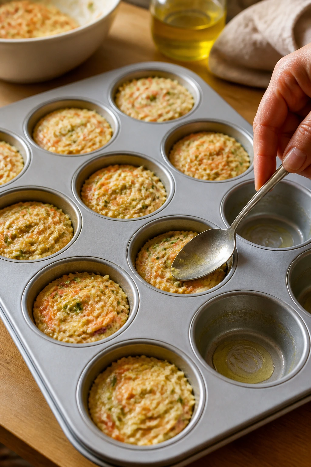 Muffin tin with batter packed into cups ready to bake for crisp edges