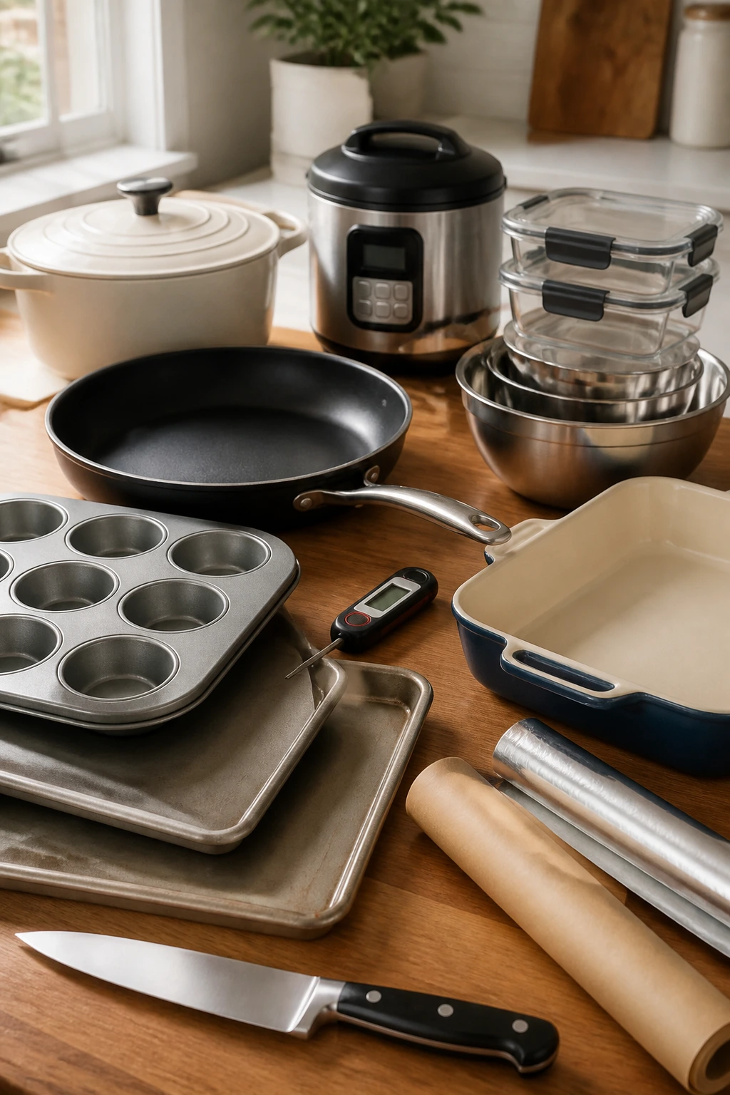 Kitchen tools: muffin tin, sheet pans, skillet, dutch oven, baking dish, thermometer, rice cooker, bowls, containers