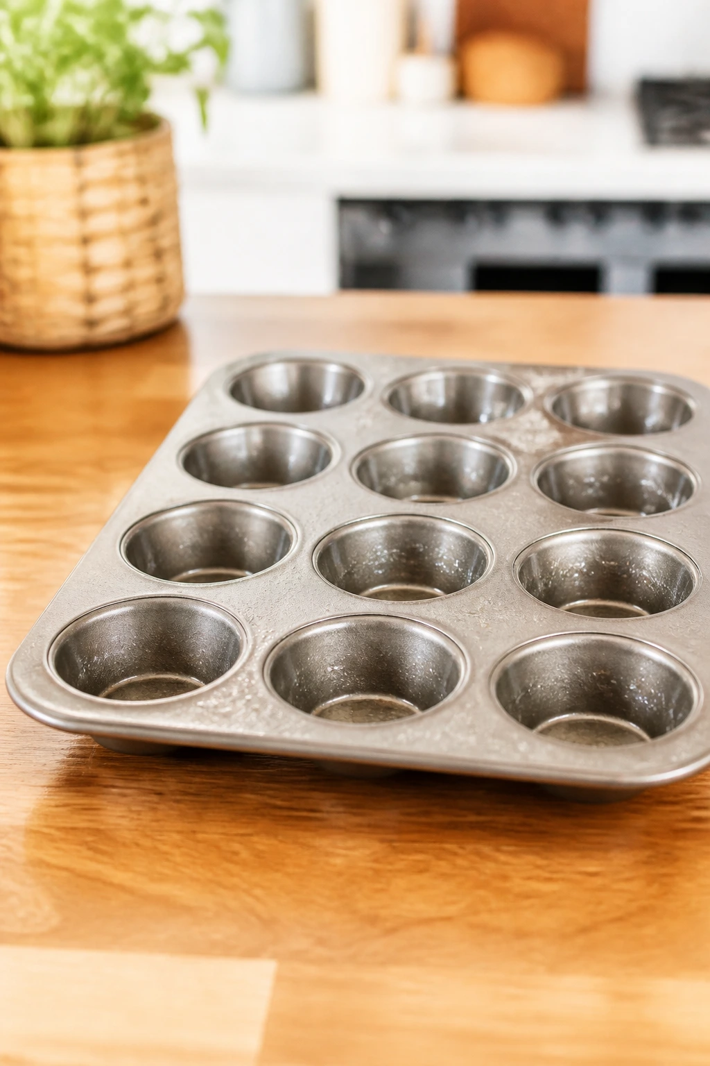 Shiny muffin tin ready for use on a wooden counter