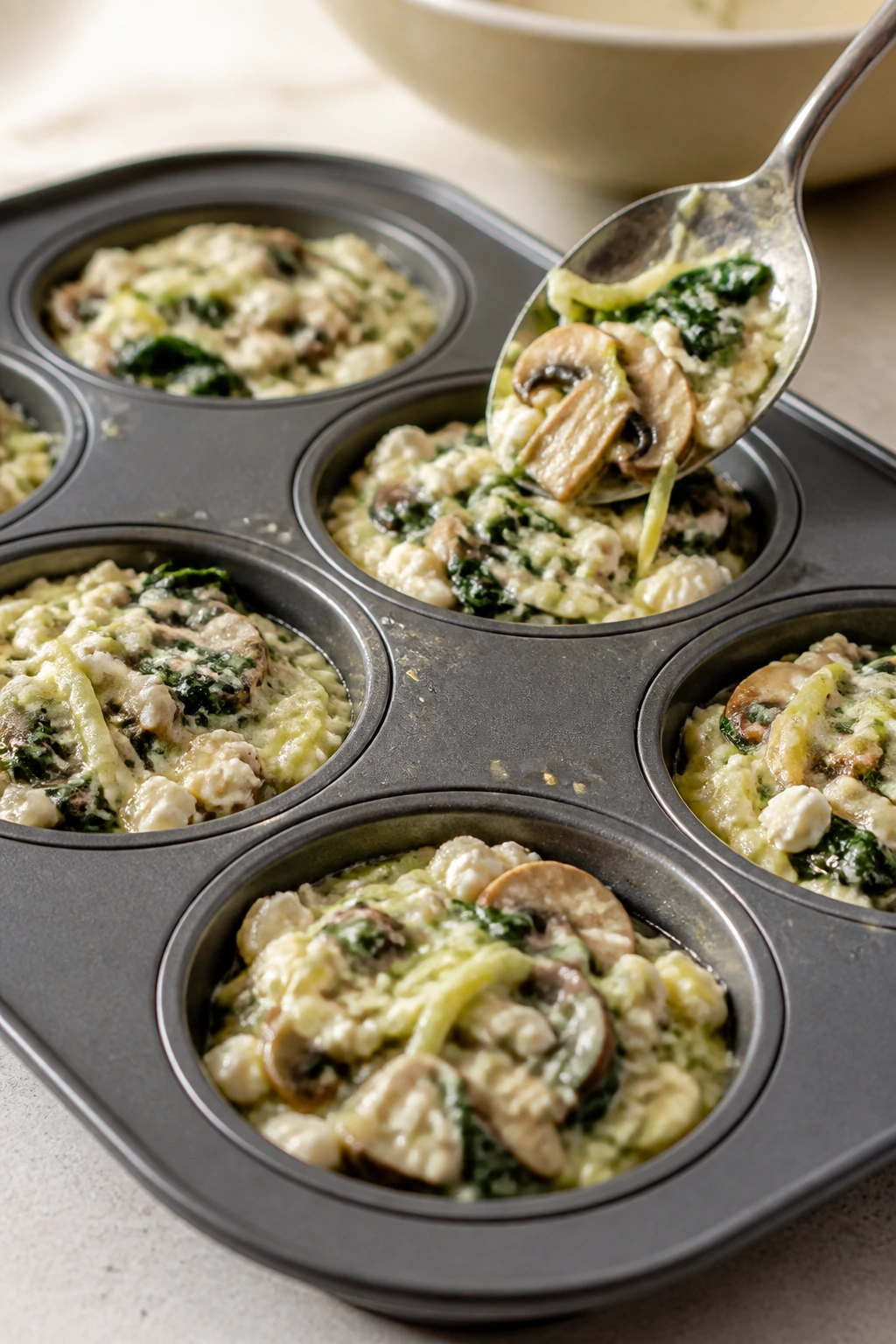 Raw veggie-egg filling in muffin tin cups ready to bake