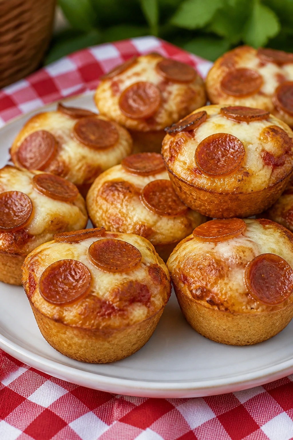 Close-up of mini pizza muffins with pepperoni and cheese