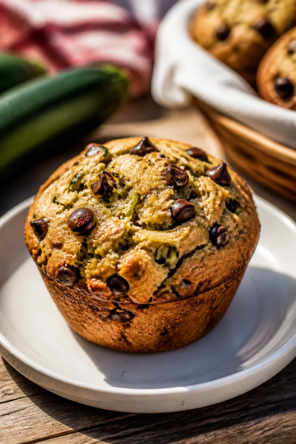 Close-up of a chocolate chip zucchini muffin on a plate