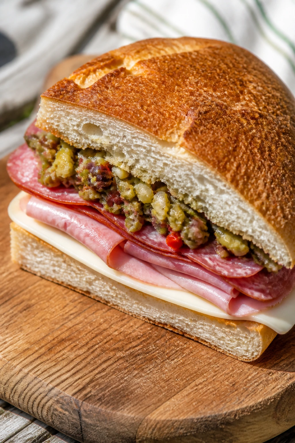 Cross-section muffuletta picnic loaf on a rustic board