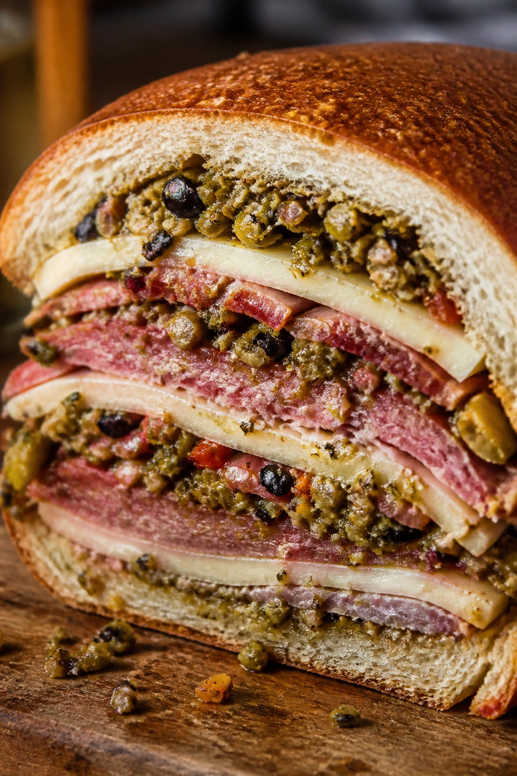 Cross-section of muffuletta on round bread with olive salad
