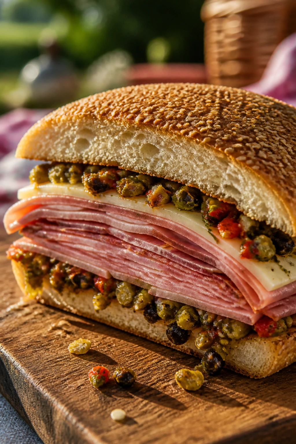 Close-up wedge of Muffuletta Sandwich outdoors
