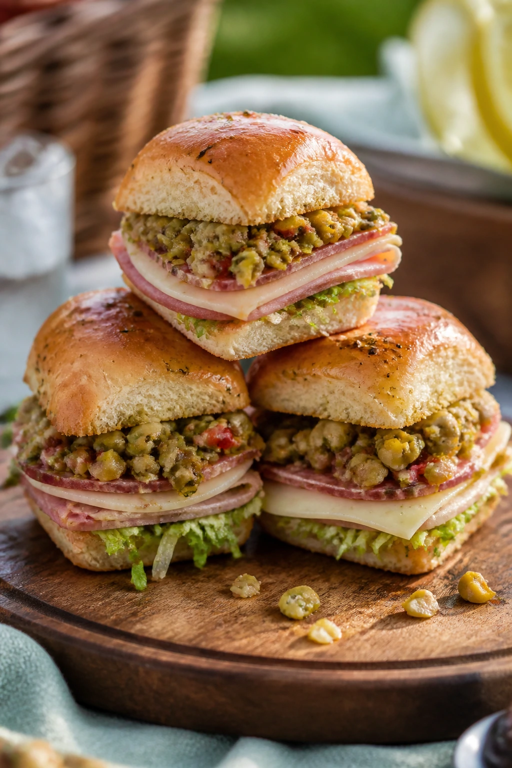 Close-up of muffuletta sliders showing olive salad and layers of meat and cheese