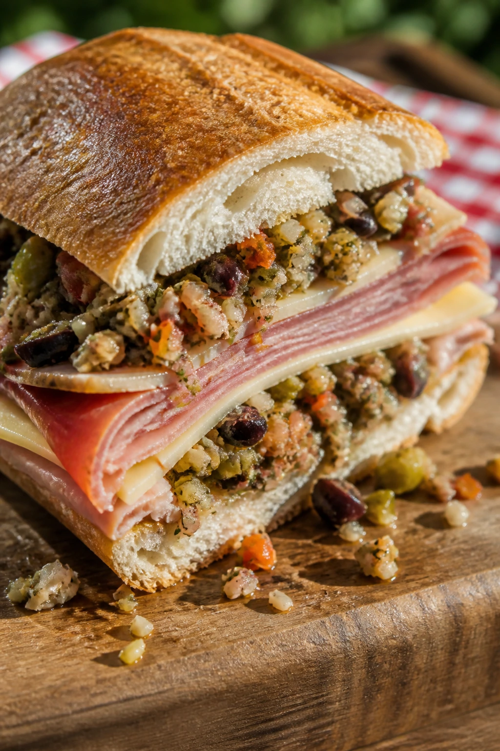 Close-up of muffuletta-style olive sandwich wedge exposing olive salad and deli meats