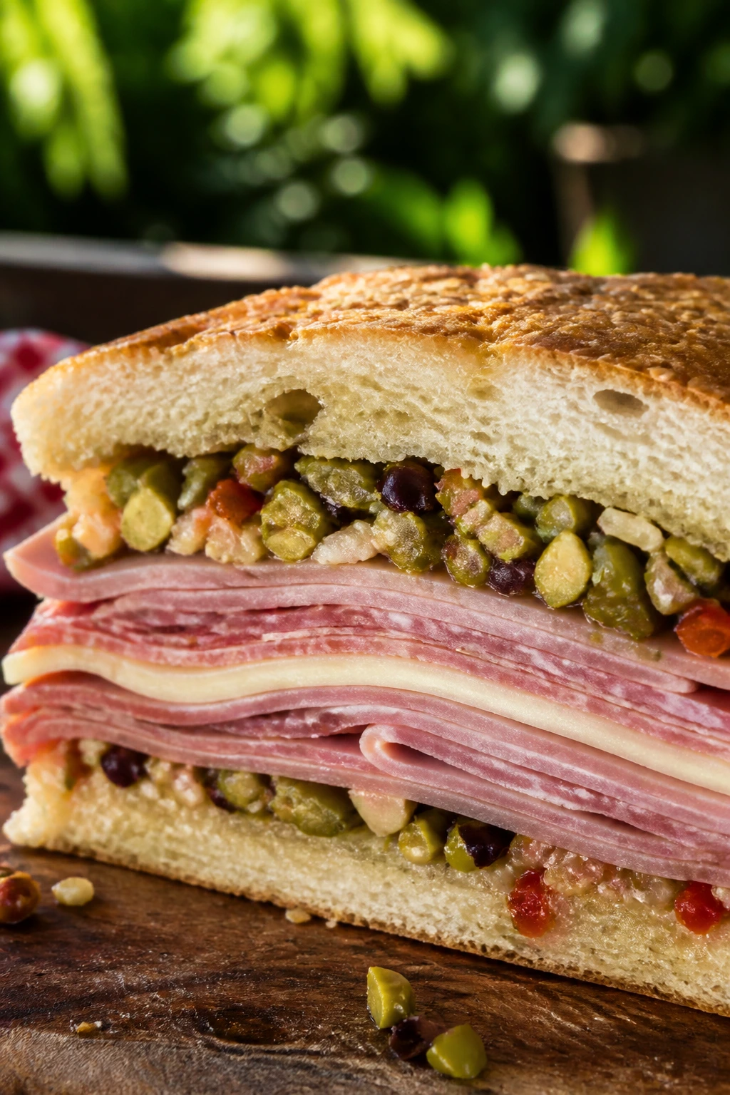 Cross-section muffuletta with olive salad and cured meats