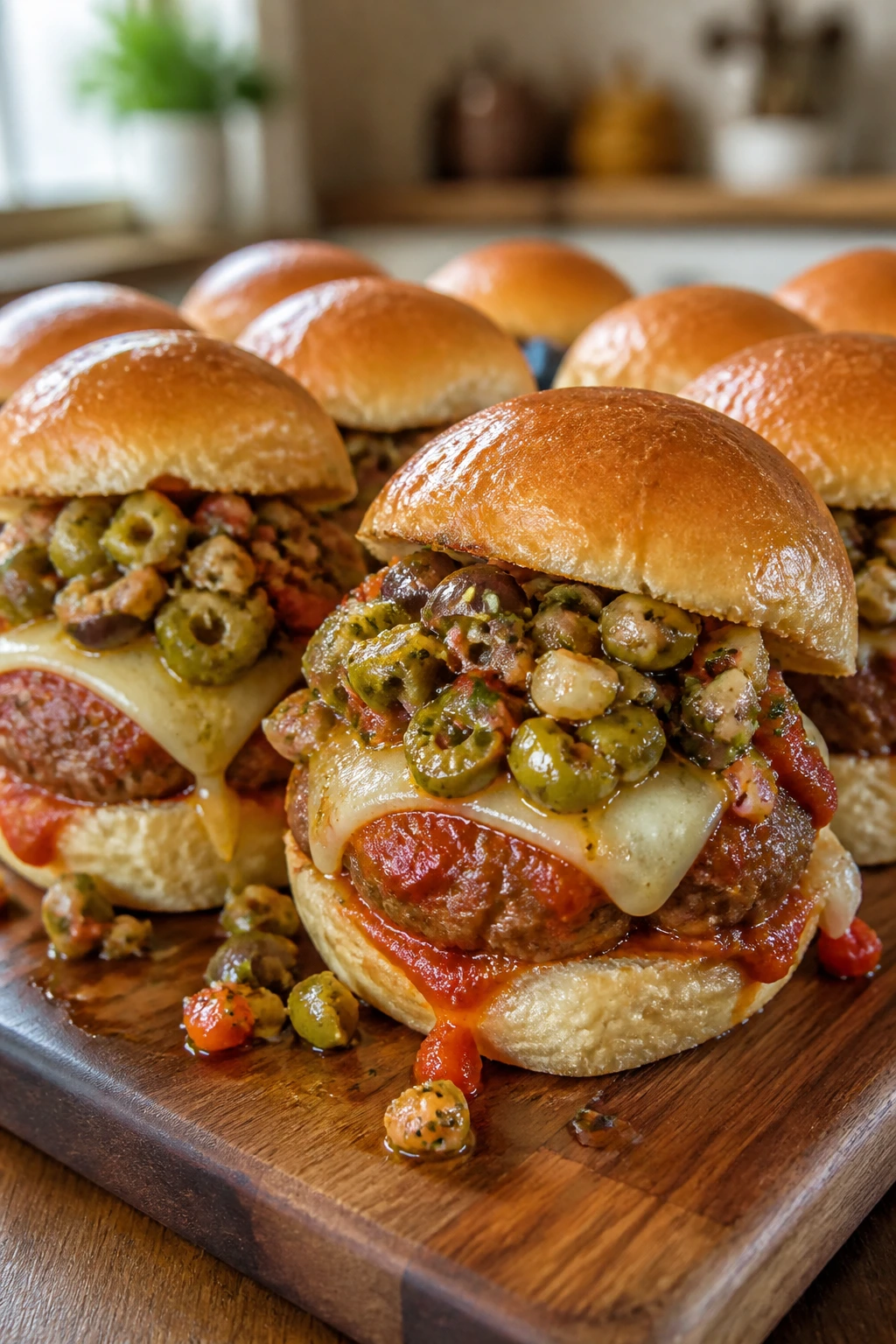 Close-up of muffuletta olive salad sliders with beef meatballs and provolone on a wooden board