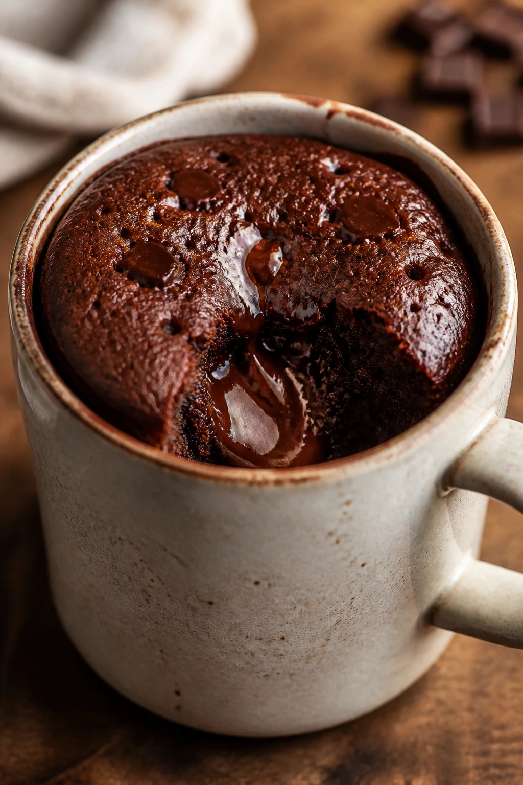 Close-up of a molten mug cake with gooey center in a ceramic mug
