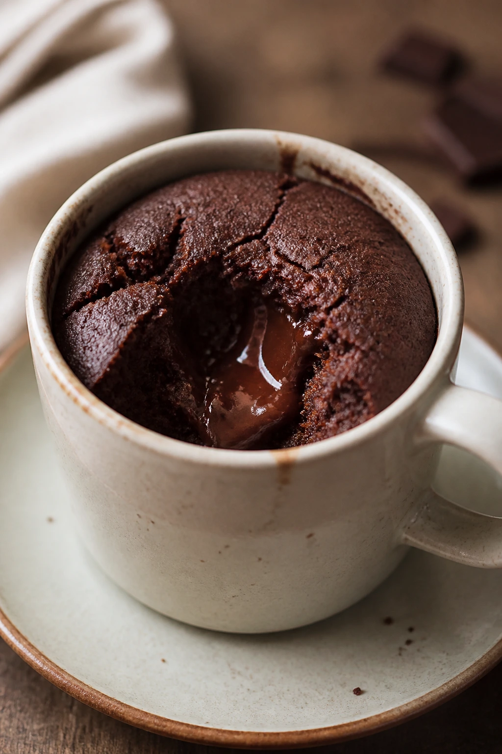 Mug cake with molten center in a mug on a plate
