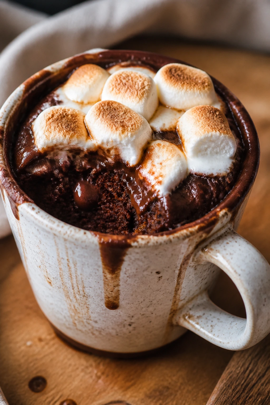 Mug cake topped with marshmallows in a warm kitchen setting