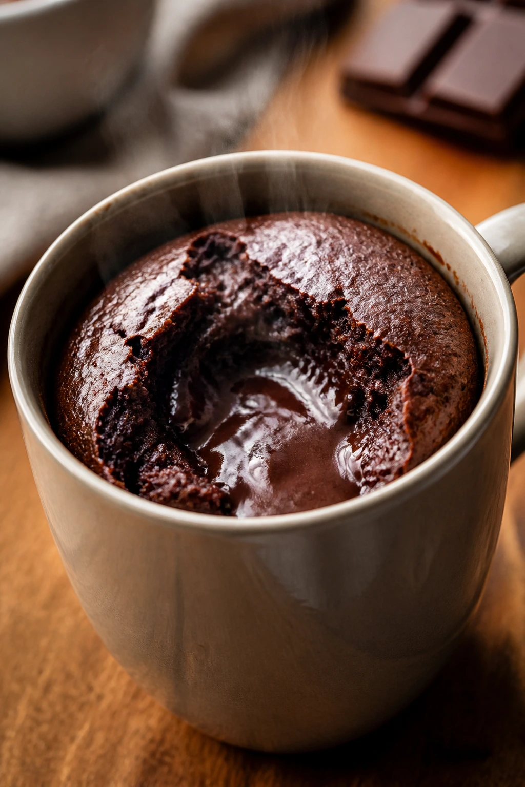 Close-up of molten-centered chocolate lava mug cake in a mug on a warm kitchen counter
