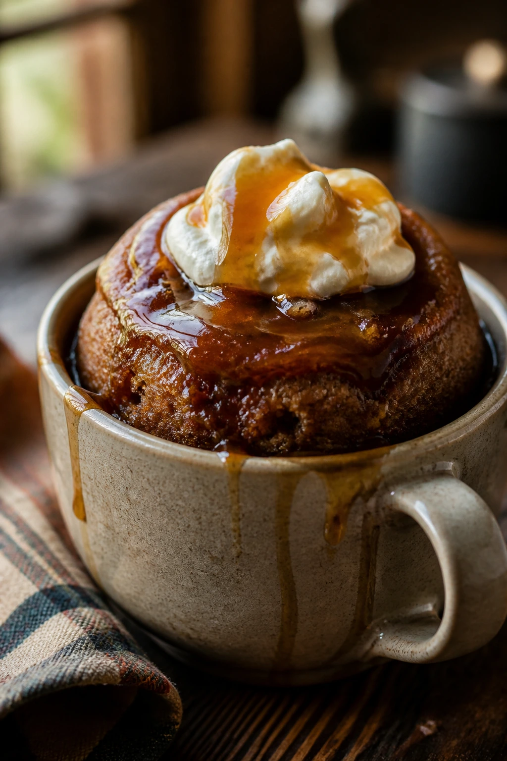 Mug cake with toffee drizzle in a ceramic mug on a warm kitchen background
