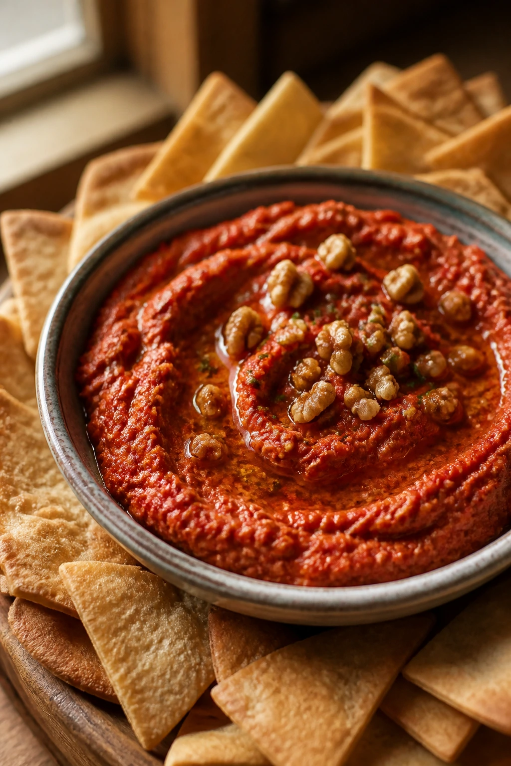 Muhammara dip in a bowl with pita chips