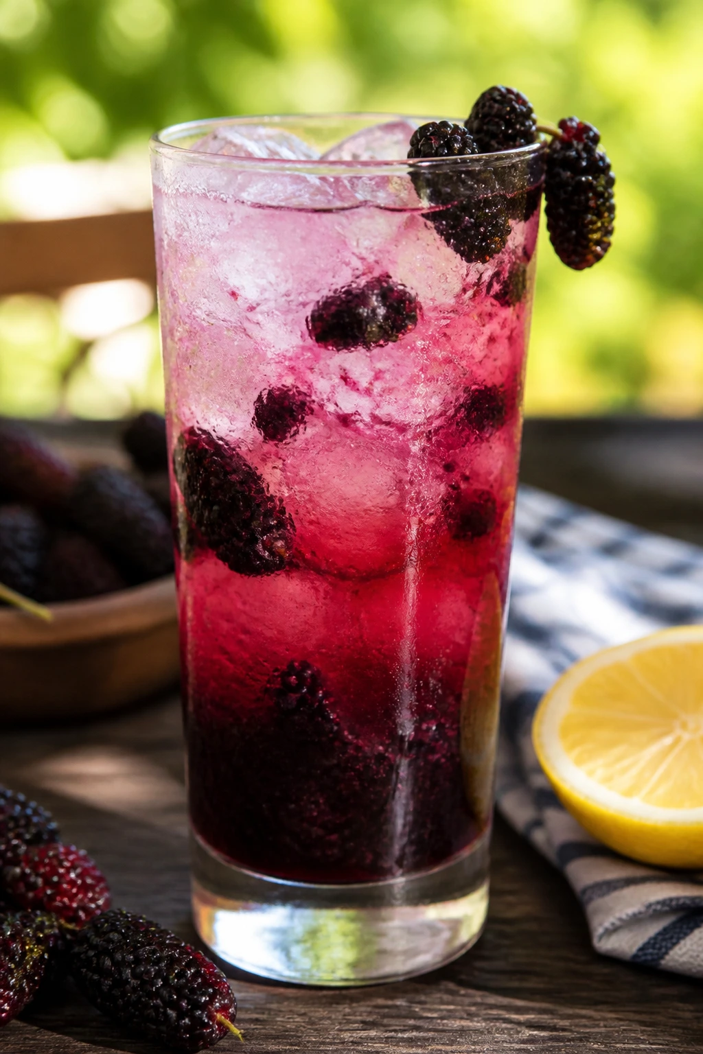 Tall glass of mulberry vodka lemonade with ice and berries in a sunny outdoor setting