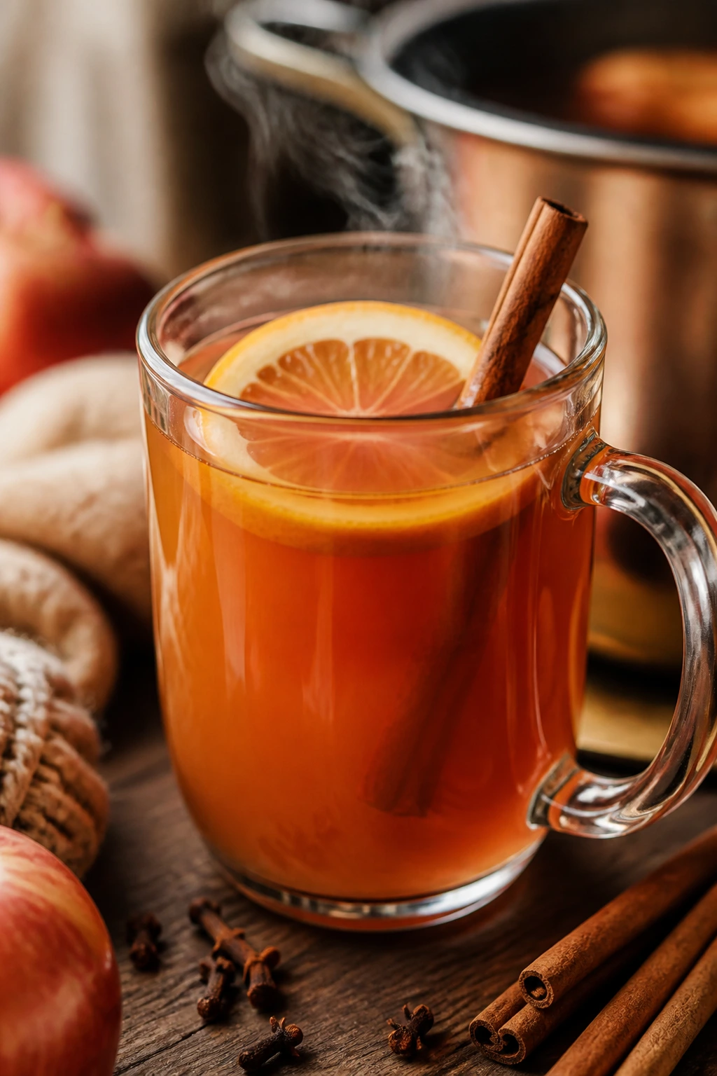 Close-up of steaming mulled apple cider with orange slice and cinnamon stick in a mug