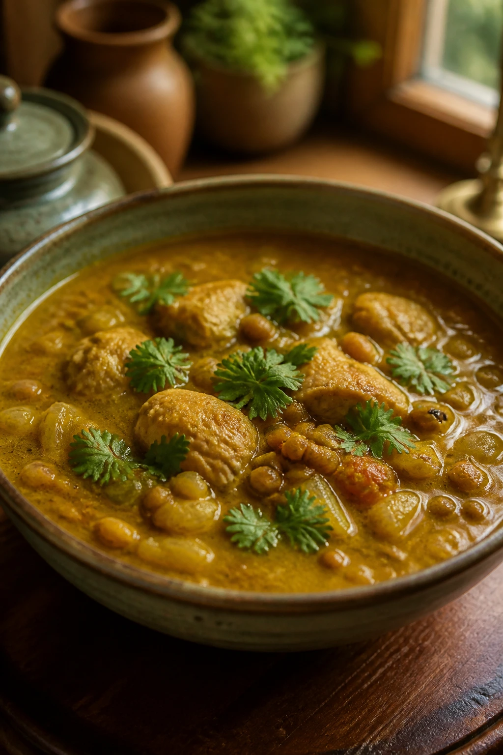 Close-up of Mulligatawny with chicken and lentils in a bowl