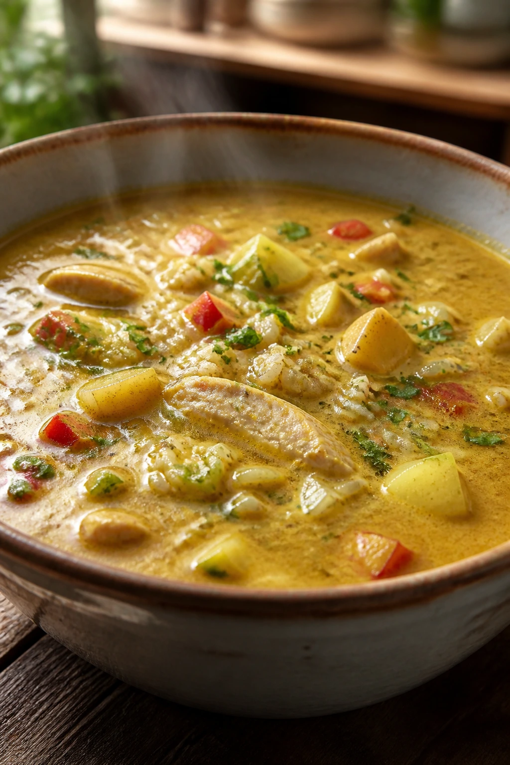 Close-up of Mulligatawny Soup in a bowl with creamy curry broth, apple and rice visible.