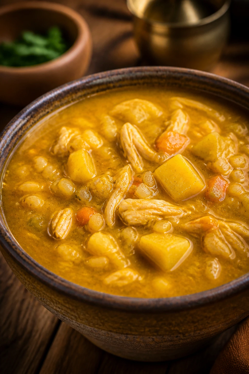 Mulligatawny soup in a bowl with apple and chicken visible