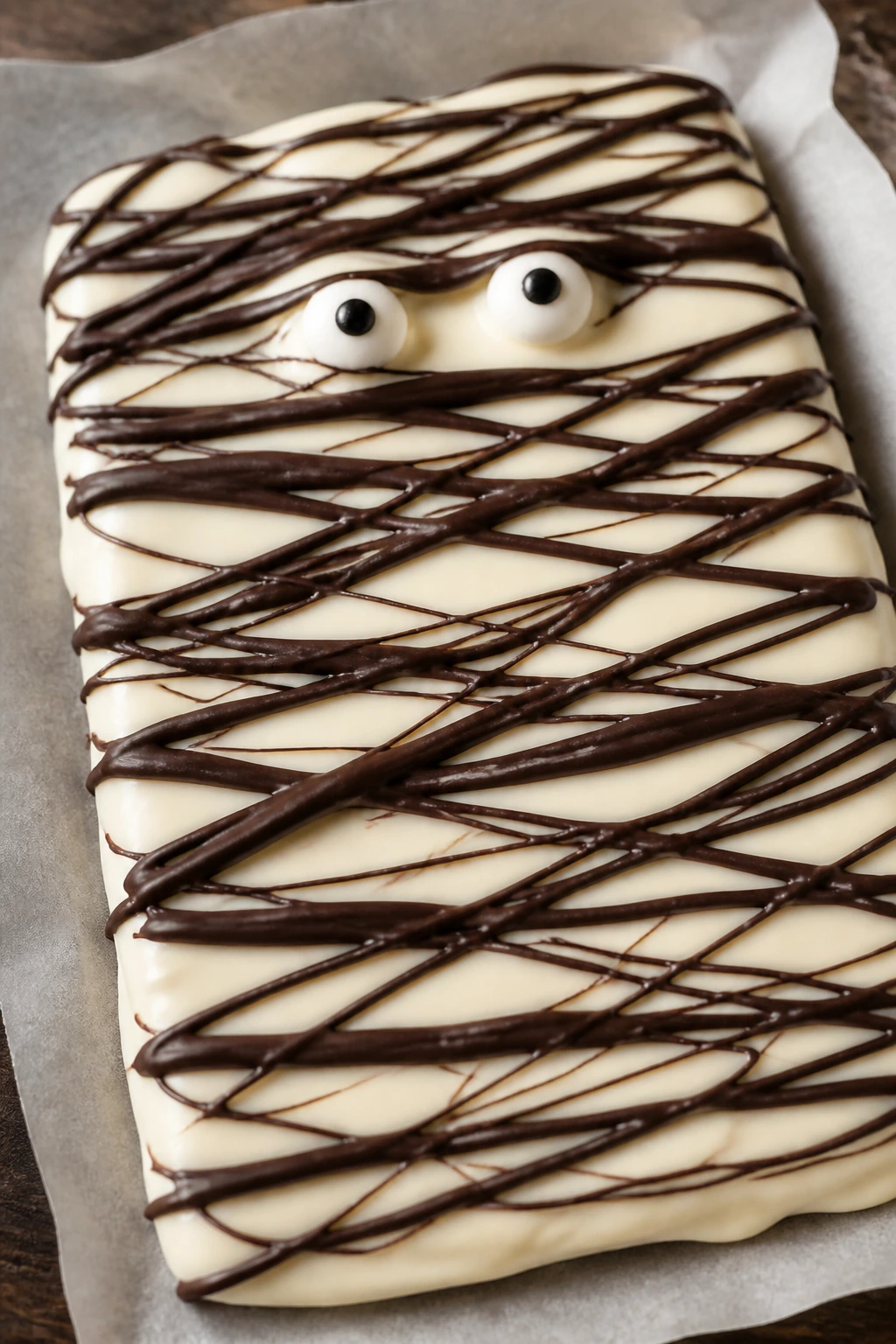 White chocolate bark with dark drizzle forming mummy wrap and candy eyes