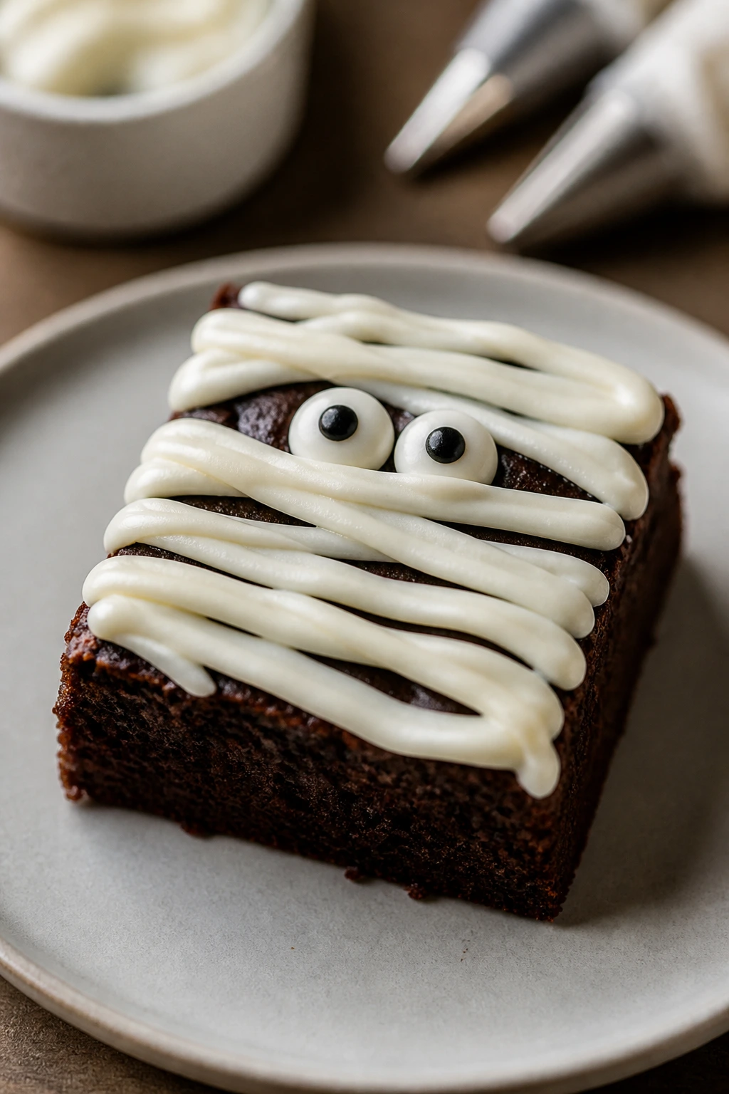 Brownie square with cream cheese frosting bandages and candy eyes on plate