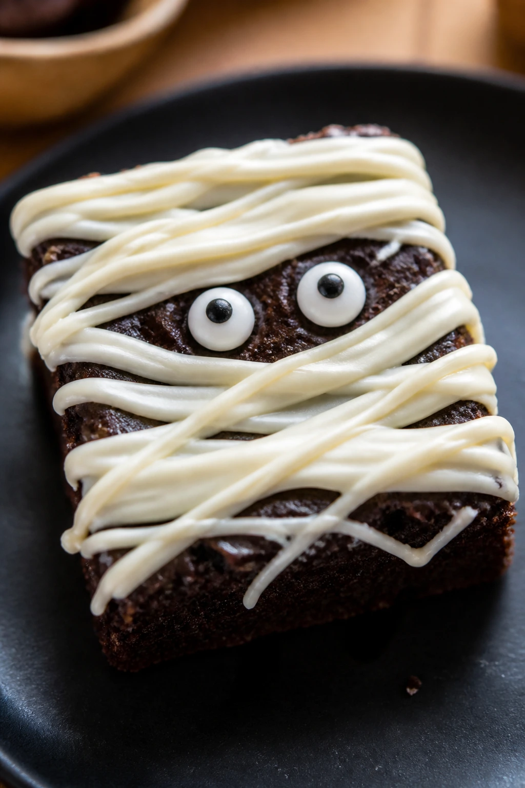 Close-up of a mummy brownie with white chocolate bandages and eyeballs on a dark plate in a warm kitchen